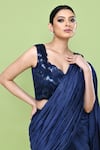 Shop_Sayisha_Navy Chinon, Chiffon, Net Solid Pre-draped Saree With Sleeveless Blouse _at_Aza_Fashions