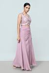 Sayisha_Lavender Net, Chinon, Chiffon Embroidery Sweetheart Neck Crop Top And Palazzo Set _Online_at_Aza_Fashions