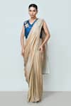 Buy_Sayisha_Beige Chinon, Silk Embroidery Sweetheart Neck Solid Pre-draped Saree With Blouse _at_Aza_Fashions