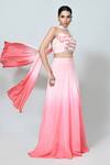 Buy_Sayisha_Peach Chinon, Lace, Chiffon Embroidery Sweetheart Neck Ombre Lehenga Set _Online_at_Aza_Fashions