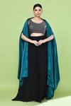 Buy_Sayisha_Blue Satin, Chinon Sequins, Embroidery Collared, Solid Cape Palazzo Set _at_Aza_Fashions