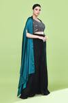 Sayisha_Blue Satin, Chinon Sequins, Embroidery Collared, Solid Cape Palazzo Set _at_Aza_Fashions