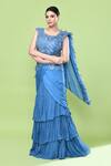 Buy_Sayisha_Blue Chinon, Net Embroidery Round Neck Ruffle Pre-draped Saree With Blouse _at_Aza_Fashions