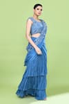 Sayisha_Blue Chinon, Net Embroidery Round Neck Ruffle Pre-draped Saree With Blouse _Online_at_Aza_Fashions