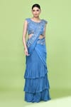 Shop_Sayisha_Blue Chinon, Net Embroidery Round Neck Ruffle Pre-draped Saree With Blouse _Online_at_Aza_Fashions
