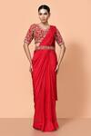 Buy_Sayisha_Red Viscose, Organza, Net Embroidery, Pre-draped Saree With Floral Blouse _at_Aza_Fashions