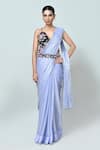 Buy_Sayisha_Sky Blue Chiffon, Net Embroidery V-neck Solid Draped Saree With Blouse _at_Aza_Fashions