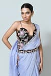 Sayisha_Sky Blue Chiffon, Net Embroidery V-neck Solid Draped Saree With Blouse _at_Aza_Fashions