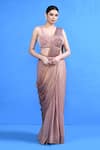 Sayisha_Peach Chinon, Silk, Net Beads Solid Draped Saree With Sleeveless Blouse _Online_at_Aza_Fashions