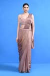 Buy_Sayisha_Peach Chinon, Silk, Net Beads Solid Draped Saree With Sleeveless Blouse _at_Aza_Fashions
