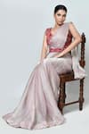 Shop_Sayisha_Pink Chiffon, Chinon Sequins, Beads V-neck Shimmer Pre-draped Saree With Blouse _Online_at_Aza_Fashions