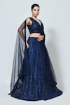 Shop_Sayisha_Navy Net Embroidery, Sequins V-neck Floral Lehenga Set _Online_at_Aza_Fashions