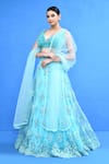 Sayisha_Blue Net, Embroidery, V-neck Floral Lehenga Set _Online_at_Aza_Fashions
