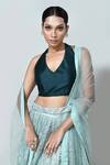 Sayisha_Mint Net, Silk Embroidery, Sequins V-, Halter Lehenga Set _at_Aza_Fashions