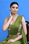 Buy_Sayisha_Green Chinon, Chiffon, Net Embroidery, Pre-draped Saree With Embellished Blouse _Online_at_Aza_Fashions