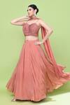Shop_Sayisha_Coral Chinon, Chiffon, Lace Lace, Embroidery Sweetheart Neck Solid Lehenga Set 