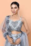 Shop_Sayisha_Gray Net Embroidery, Beads, Sequins Sweetheart Neck Floral And Work Lehenga Set _Online_at_Aza_Fashions