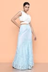 Sayisha_Sky Blue Net Applique, Embroidery, Pearls V-neck Floral Palazzo And Top Set _Online_at_Aza_Fashions