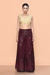 Sayisha_Maroon Net, Crepe Sequins, Embroidery, Beads V-neck Work Palazzo And Top Set _Online_at_Aza_Fashions