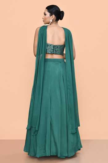 Shop_SAYISHA_Green Chinon Sweetheart Neck Plain Lehenga Set _at_Aza_Fashions
