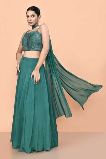 Buy_SAYISHA_Green Chinon Sweetheart Neck Plain Lehenga Set _Online_at_Aza_Fashions