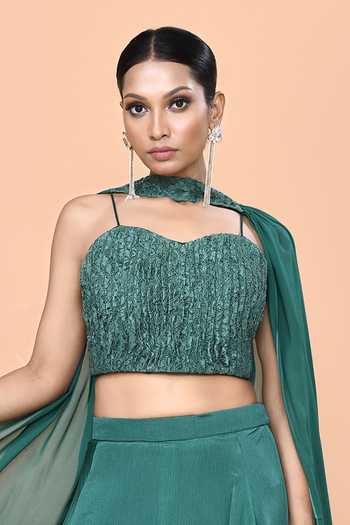 SAYISHA_Green Chinon Sweetheart Neck Plain Lehenga Set _at_Aza_Fashions
