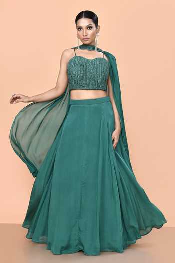 Buy_SAYISHA_Green Chinon Sweetheart Neck Plain Lehenga Set _at_Aza_Fashions