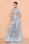 Sayisha_Gray Net Embroidery, Sequins, Feathers Square Geometric Embellished Palazzo Set _Online_at_Aza_Fashions