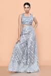 Buy_Sayisha_Gray Net Embroidery, Sequins, Feathers Square Geometric Embellished Palazzo Set _at_Aza_Fashions