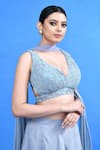 Sayisha_Blue Chinon, Lace, Chiffon Lace, Embroidery V-neck Work Blouse Lehenga Set _Online_at_Aza_Fashions