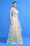 Shop_Sayisha_Beige Net Applique, Embroidery, Sequins, Fabric Flowers Floral Lehenga Set _Online_at_Aza_Fashions