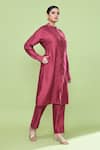 Sayisha_Red Silk Mandarin Collar Solid Kurta And Pant Set _Online_at_Aza_Fashions