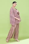 Sayisha_Pink Silk Square , Open Cutwork Cape And Pant Set _Online_at_Aza_Fashions
