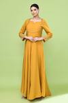 Sayisha_Yellow Cotton Embroidery, Beads Sweetheart Neck Placement Gown _Online_at_Aza_Fashions