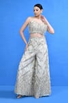 Buy_Sayisha_Off White Net Embroidery, Zari, Feathers, Embellished Palazzo And Crop Top Set _at_Aza_Fashions