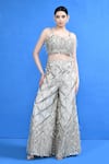 Sayisha_Off White Net Embroidery, Zari, Feathers, Embellished Palazzo And Crop Top Set _Online_at_Aza_Fashions