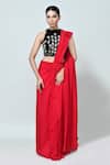 Buy_Sayisha_Red Organza, Velvet Embroidery, Zari High Solid Pre-draped Saree With Blouse _at_Aza_Fashions