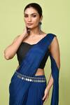 Sayisha_Blue Chinon, Chiffon, Silk Sweetheart Neck Pre-draped Saree With Blouse _at_Aza_Fashions