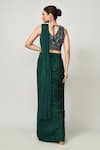 Shop_Sayisha_Green Chinon, Net Embroidery, Sequins V-neck Pre-draped Saree With V Blouse _at_Aza_Fashions