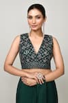 Buy_Sayisha_Green Chinon, Net Embroidery, Sequins V-neck Pre-draped Saree With V Blouse _Online_at_Aza_Fashions