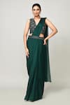 Buy_Sayisha_Green Chinon, Net Embroidery, Sequins V-neck Pre-draped Saree With V Blouse _at_Aza_Fashions