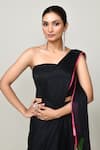 Shop_Sayisha_Black Chinon, Chiffon, Net Bandeau Neck Printed Pre-draped Saree With Blouse _Online_at_Aza_Fashions