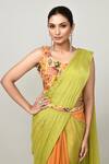 Sayisha_Green Chinon, Net Beads, Embroidery, Pre-draped Saree With Sleeveless Blouse _Online_at_Aza_Fashions
