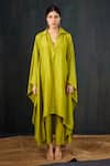 Buy_Tuli_Green Silk, Cotton Collared, V-neck Basanti Dola Kaftan Kurta And Pant Set _Online_at_Aza_Fashions