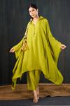 Buy_Tuli_Green Silk, Cotton Collared, V-neck Basanti Dola Kaftan Kurta And Pant Set _at_Aza_Fashions