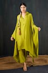 Shop_Tuli_Green Silk, Cotton Collared, V-neck Basanti Dola Kaftan Kurta And Pant Set _Online_at_Aza_Fashions