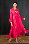 Tuli_Pink Silk, Cotton Zari Round Neck Gulaabi Rani Stitch Kurta And Pant Set _Online_at_Aza_Fashions