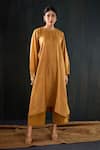 Buy_Tuli_Mustard Chanderi, Cotton, Silk Round Neck Sunheri Mul Anar Kurta And Pant Set _at_Aza_Fashions