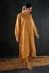 Tuli_Mustard Chanderi, Cotton, Silk Round Neck Sunheri Mul Anar Kurta And Pant Set _Online_at_Aza_Fashions