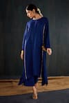 Shop_Tuli_Navy Silk, Cotton Zari Round Neck Saanjh Three-kali Kurta And Pant Set _Online_at_Aza_Fashions